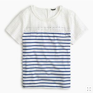 J. Crew Blue And White Eyelet Detail Striped Mixed Media Short Sleeve T-shirt